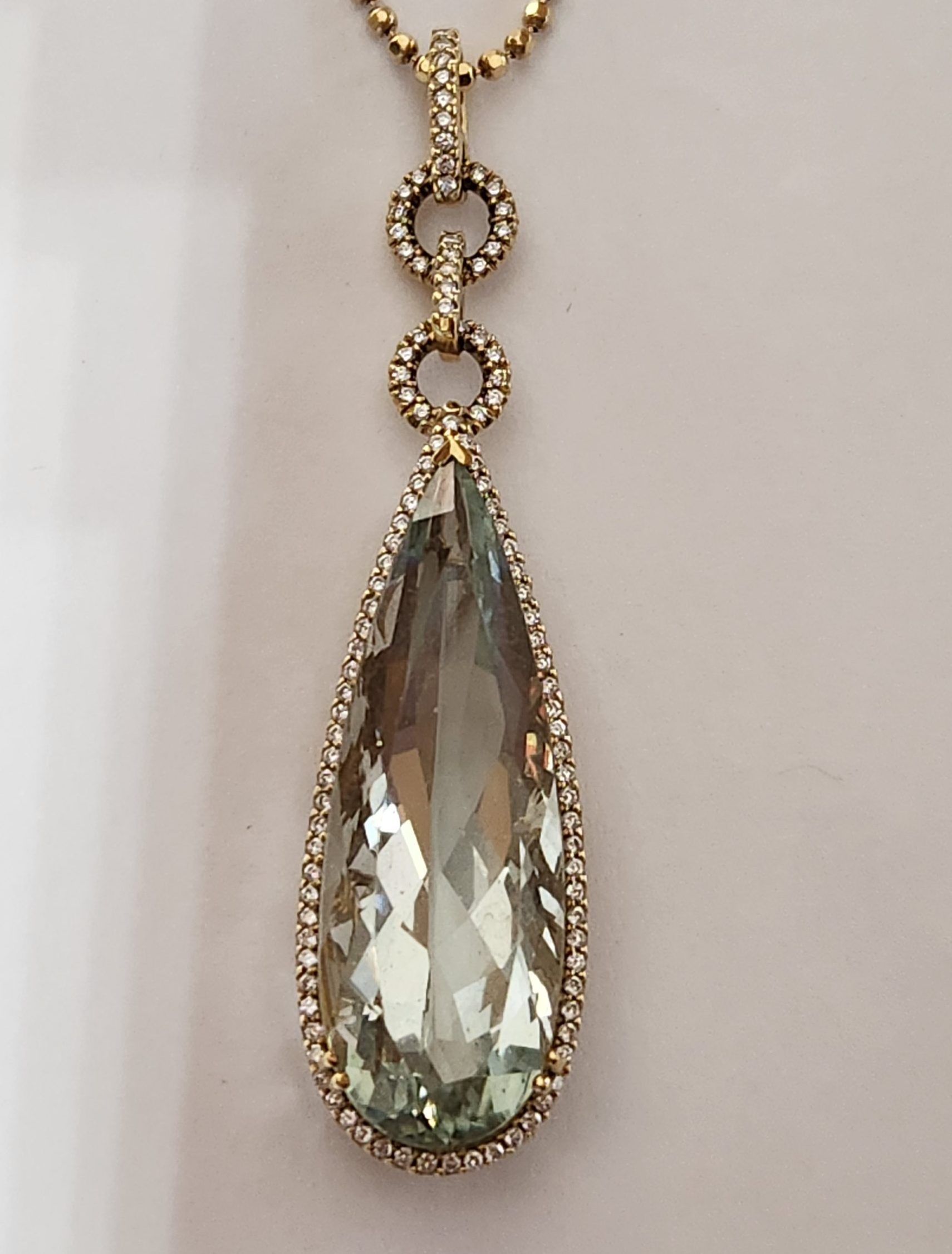 14kt Lady's Custom Green Amethyst and Diamond Lozenge Cut Necklace