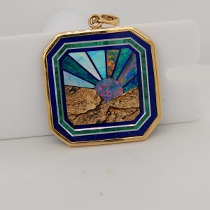 14kt Gold Framed Intarsia, Dual Sided Gemstone Slide Pendant