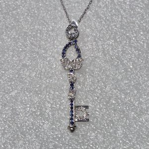 18kt White Gold Zoughaib Design Diamond & Sapphire Key Necklace