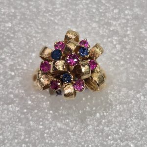 14kt Gold Lady's Blue & Pink Sapphire Ribbon Design Fashion Ring