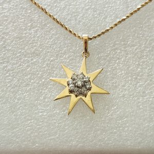 Lady's 14kt Gold MSG Original Design Diamond Starburst Pendant on 18" Rope Chain